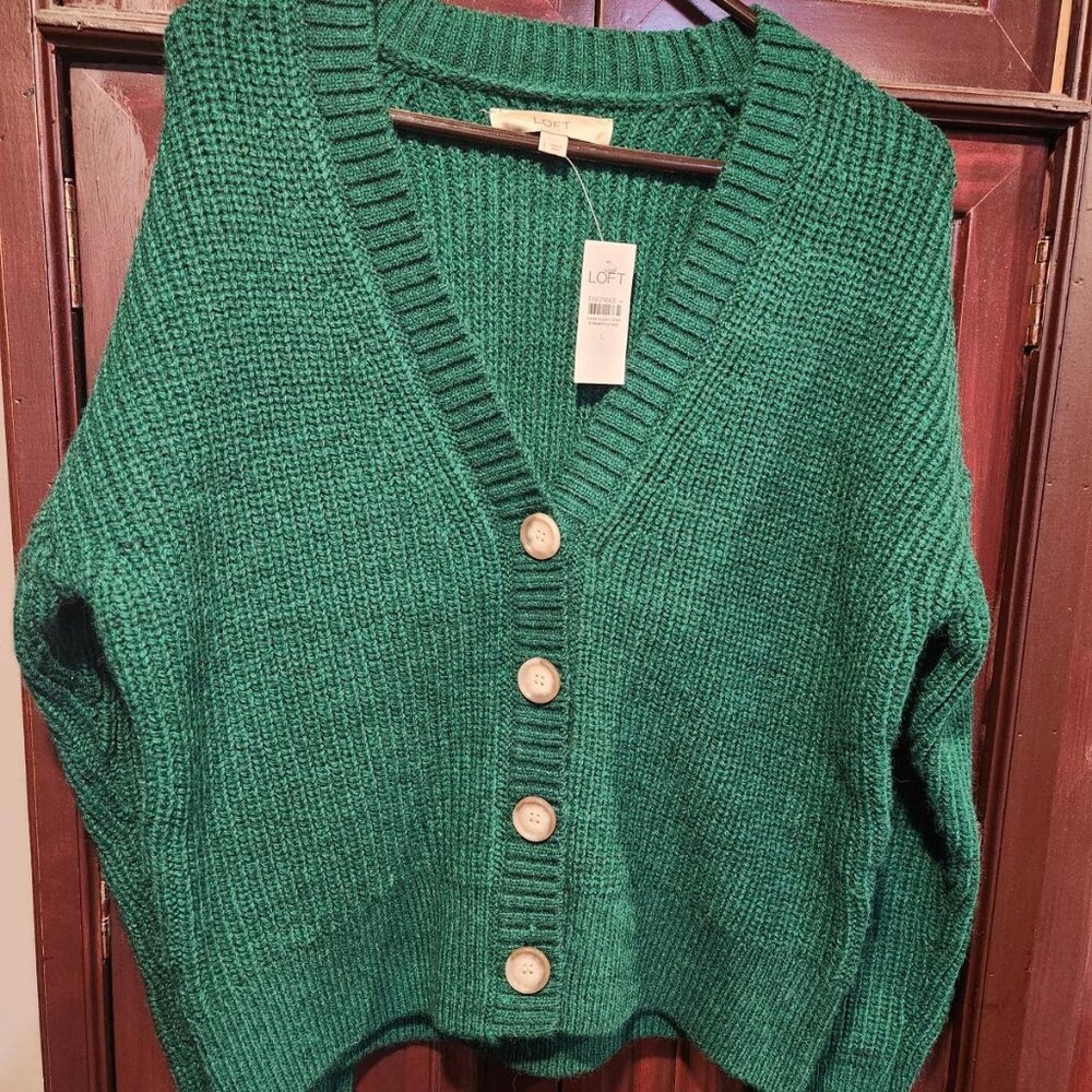 LOFT Emerald Green Ribbed V-Neck Cardigan